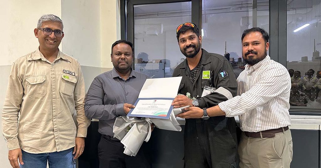 CR3 Middle East receiving a Certificate of Appreciation from the client following an emergency CCR reactor repair.